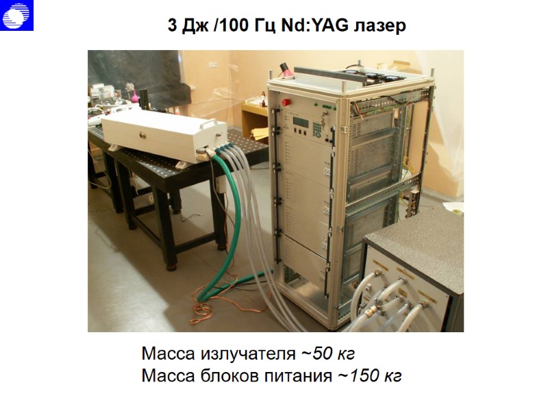 Масса излучателя ~50 кг Масса блоков питания ~150 кг 3 Дж /100 Гц Nd:YAG Масса излучателя ~50 кг Масса блоков питания ~150 кг 3 Дж /100 Гц Nd:YAG